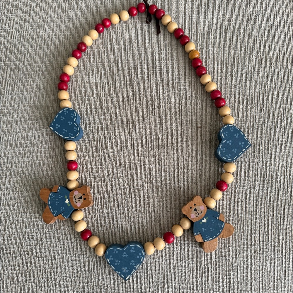 Wood bead Teddy Bear and Heart Necklace